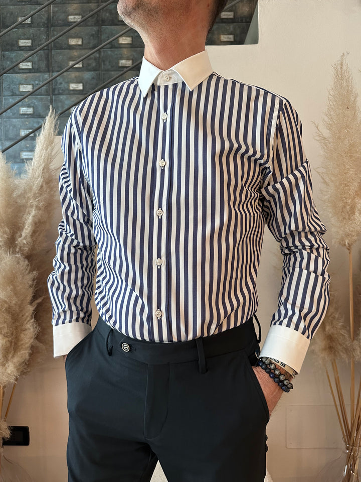 CAMICIA RIGHE COLLO E POLSI BIANCHI
