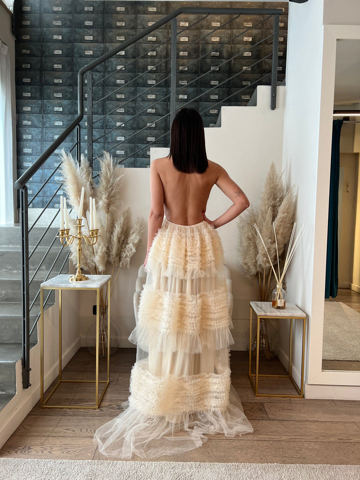 ABITO PARTY LUNGO TULLE PANNA
