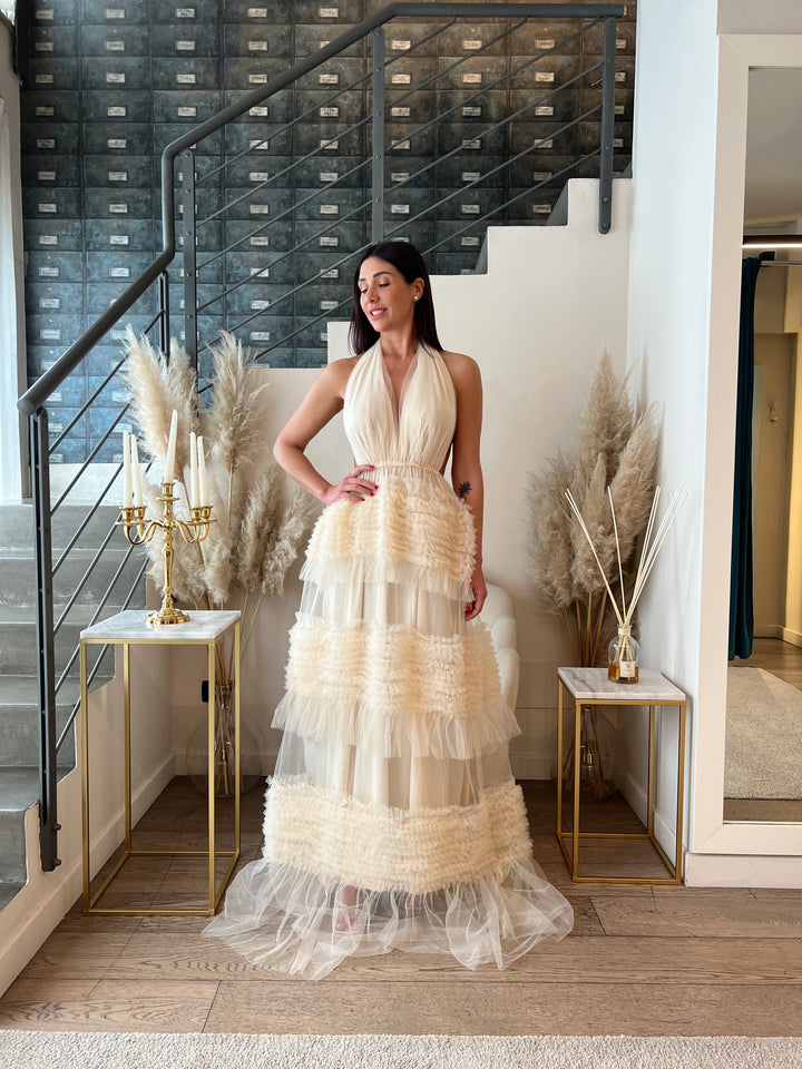 ABITO PARTY LUNGO TULLE PANNA